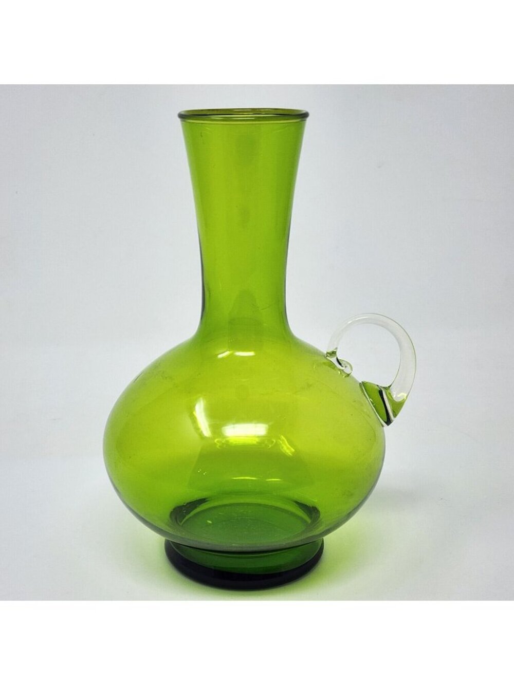 MCM Green Glass Pitcher Vase Clear Handle 6" Tall Elegant Delicate